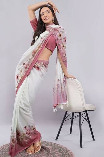 White georgette printed saree with blouse