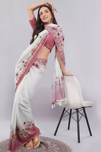 White georgette printed saree with blouse