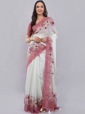 White georgette printed saree with blouse 2