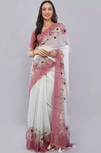 White georgette printed saree with blouse