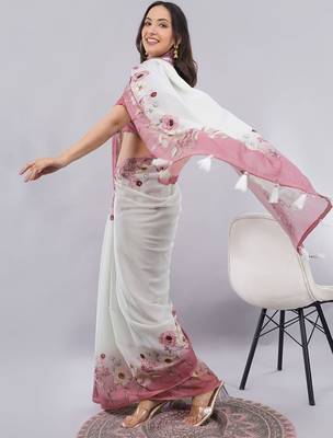 White georgette printed saree with blouse 3
