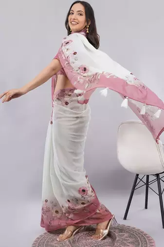 White georgette printed saree with blouse