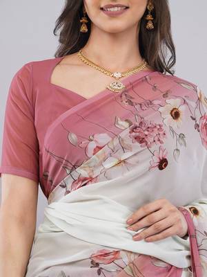 White georgette printed saree with blouse 4