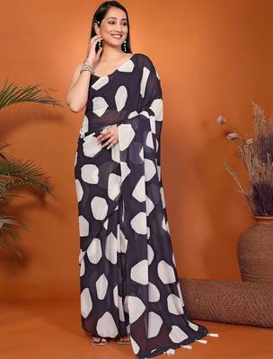 Navy blue georgette printed saree with blouse 1