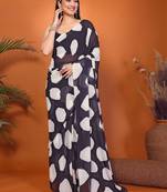 Navy blue georgette printed saree with blouse
