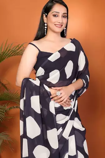 Navy blue georgette printed saree with blouse