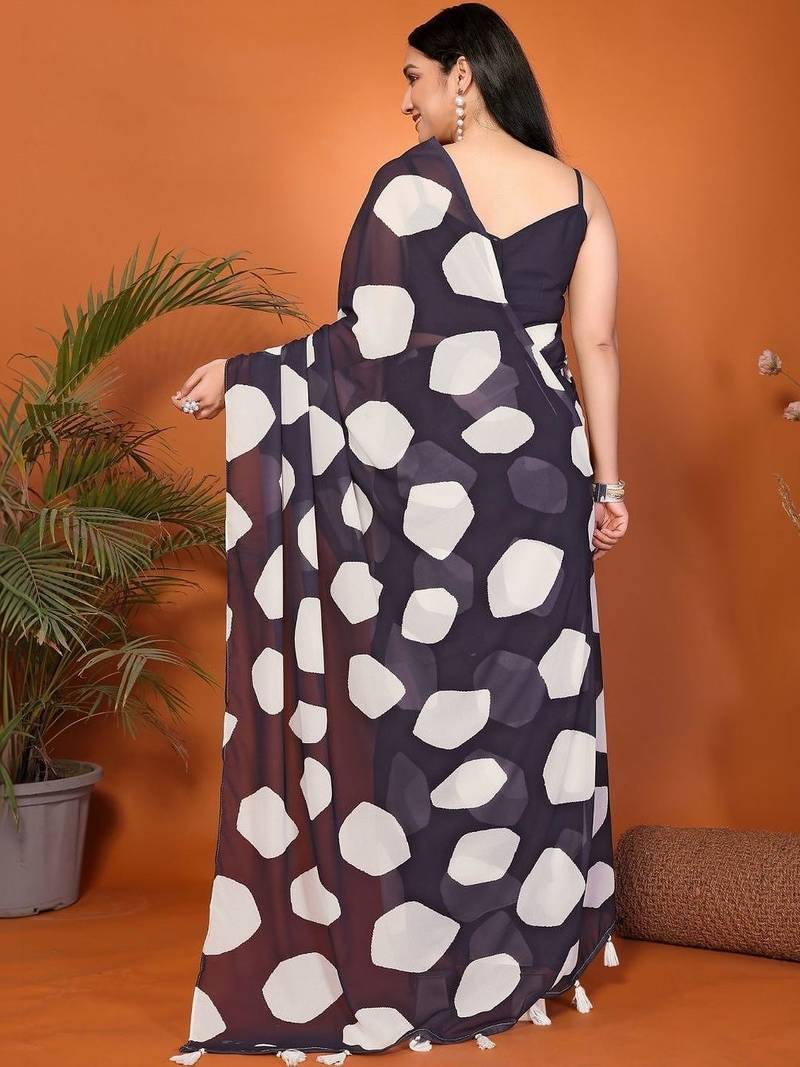 Navy blue georgette printed saree with blouse