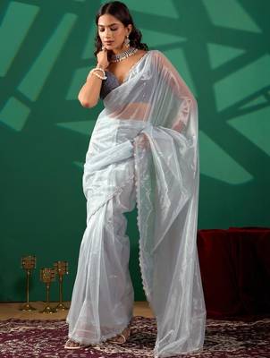 Blue net solid saree with blouse 1