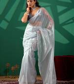 Blue net solid saree with blouse