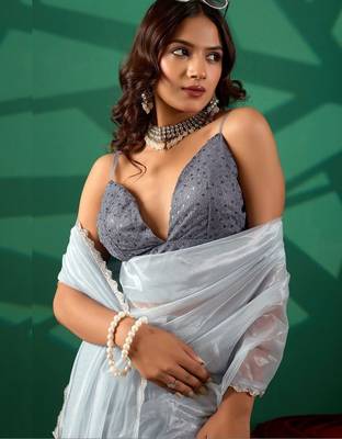 Blue net solid saree with blouse 2
