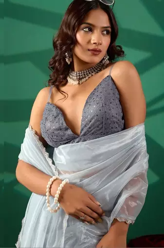 Blue net solid saree with blouse