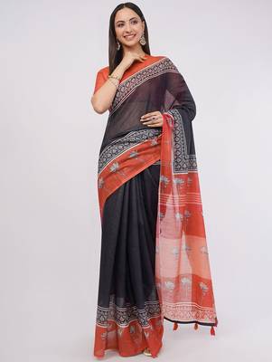 Navy blue pure linen printed saree with blouse 1