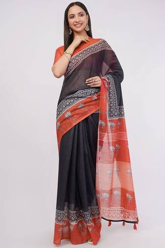 Navy blue pure linen printed saree with blouse