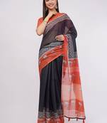 Navy blue pure linen printed saree with blouse