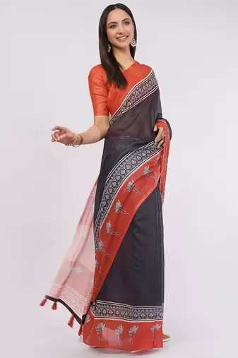 Navy blue pure linen printed saree with blouse