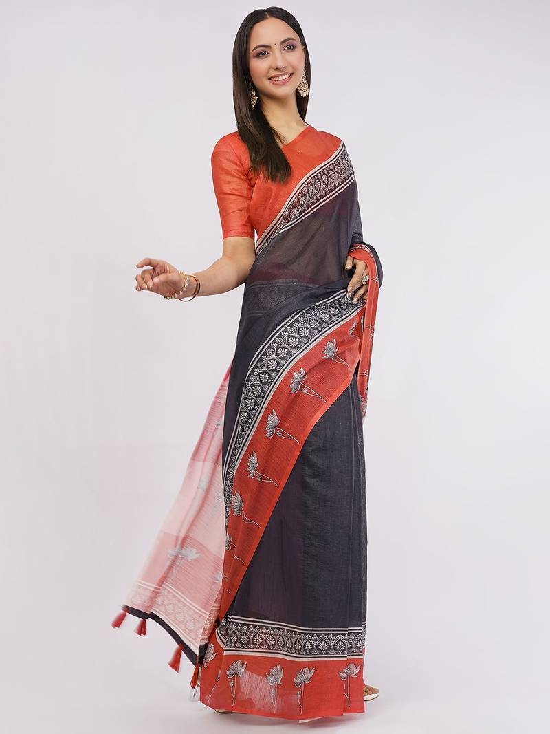 Navy blue pure linen printed saree with blouse