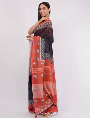 Navy blue pure linen printed saree with blouse 3