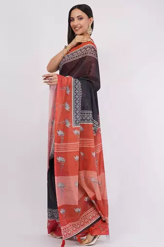 Navy blue pure linen printed saree with blouse
