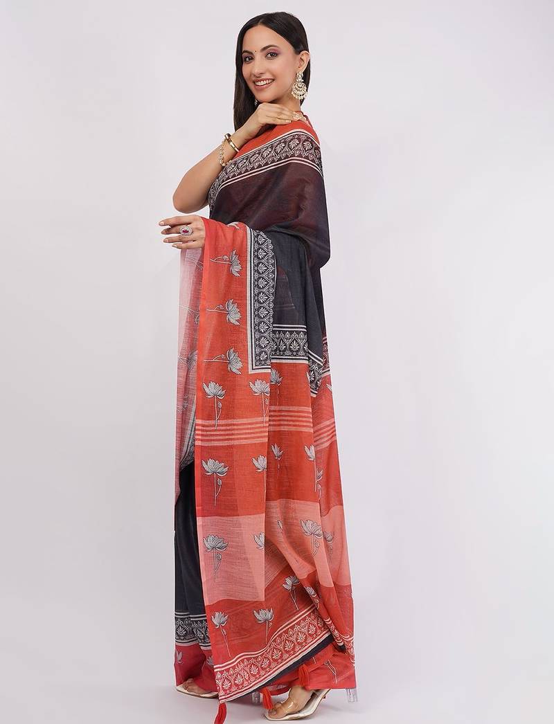 Navy blue pure linen printed saree with blouse