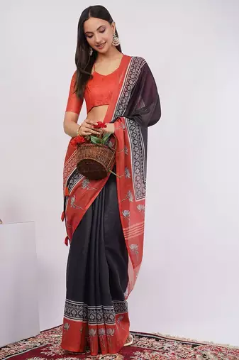 Navy blue pure linen printed saree with blouse