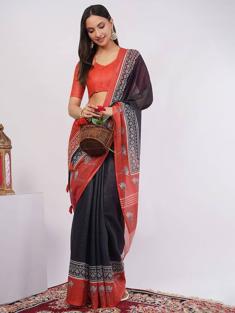 Navy blue pure linen printed saree with blouse
