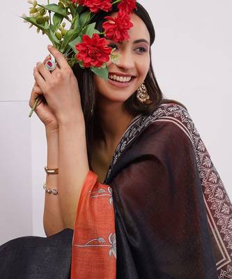 Navy blue pure linen printed saree with blouse 5