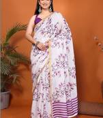 White pure linen printed saree with blouse