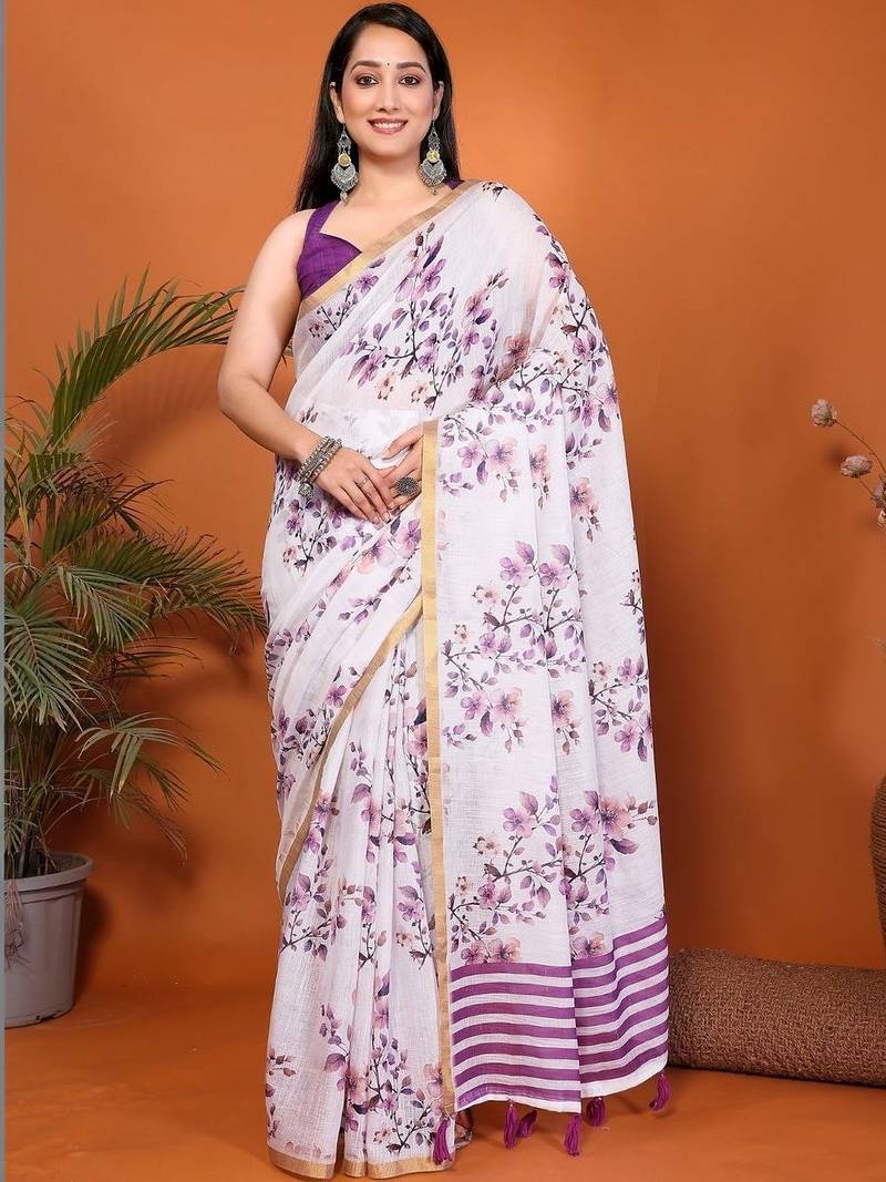 White pure linen printed saree with blouse