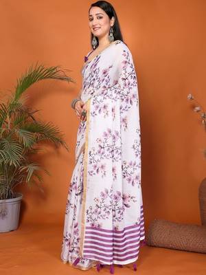 White pure linen printed saree with blouse 2