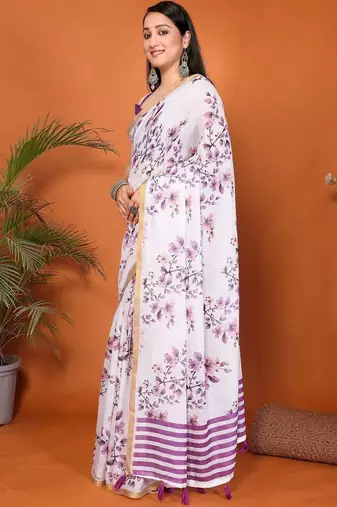 White pure linen printed saree with blouse