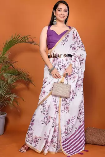 White pure linen printed saree with blouse