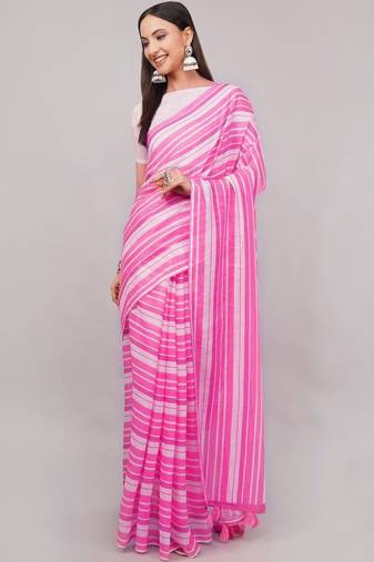 Pink pure linen printed saree with blouse