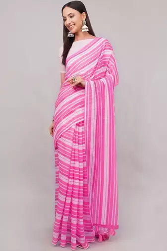 Pink pure linen printed saree with blouse