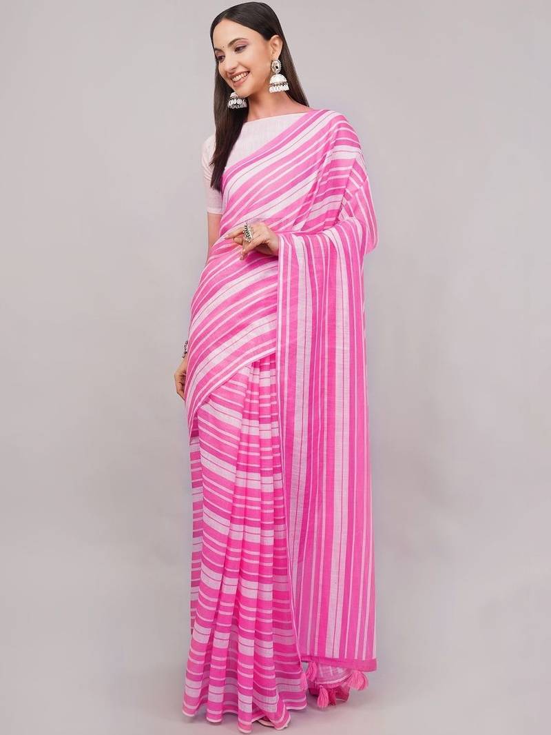 Pink pure linen printed saree with blouse