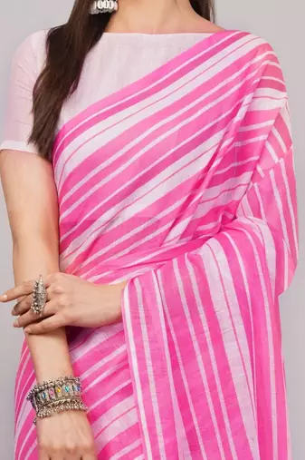 Pink pure linen printed saree with blouse