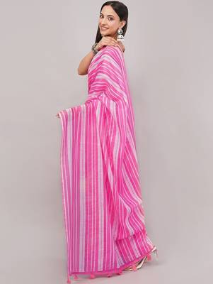 Pink pure linen printed saree with blouse 5
