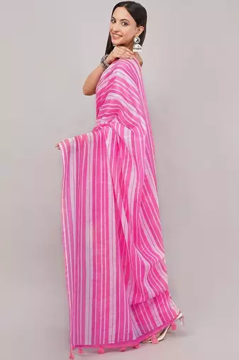 Pink pure linen printed saree with blouse