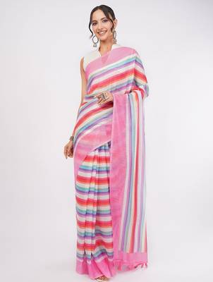 Multicolor pure linen striped saree with blouse 1
