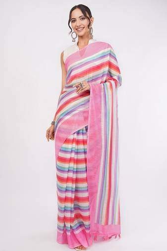Multicolor pure linen striped saree with blouse