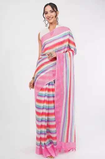 Multicolor pure linen striped saree with blouse