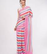 Multicolor pure linen striped saree with blouse