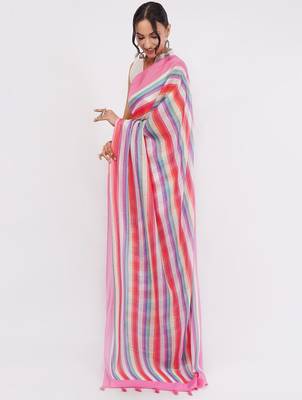 Multicolor pure linen striped saree with blouse 2