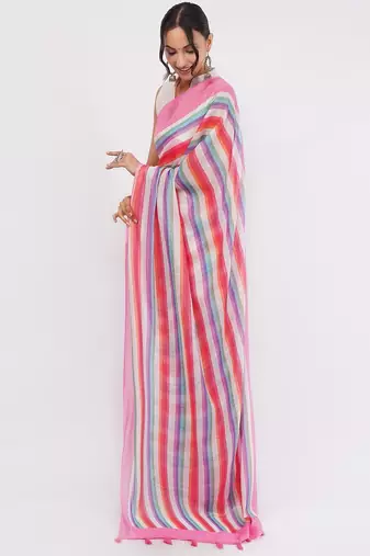 Multicolor pure linen striped saree with blouse