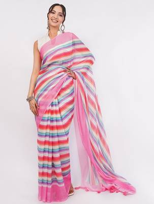 Multicolor pure linen striped saree with blouse 3