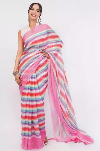 Multicolor pure linen striped saree with blouse