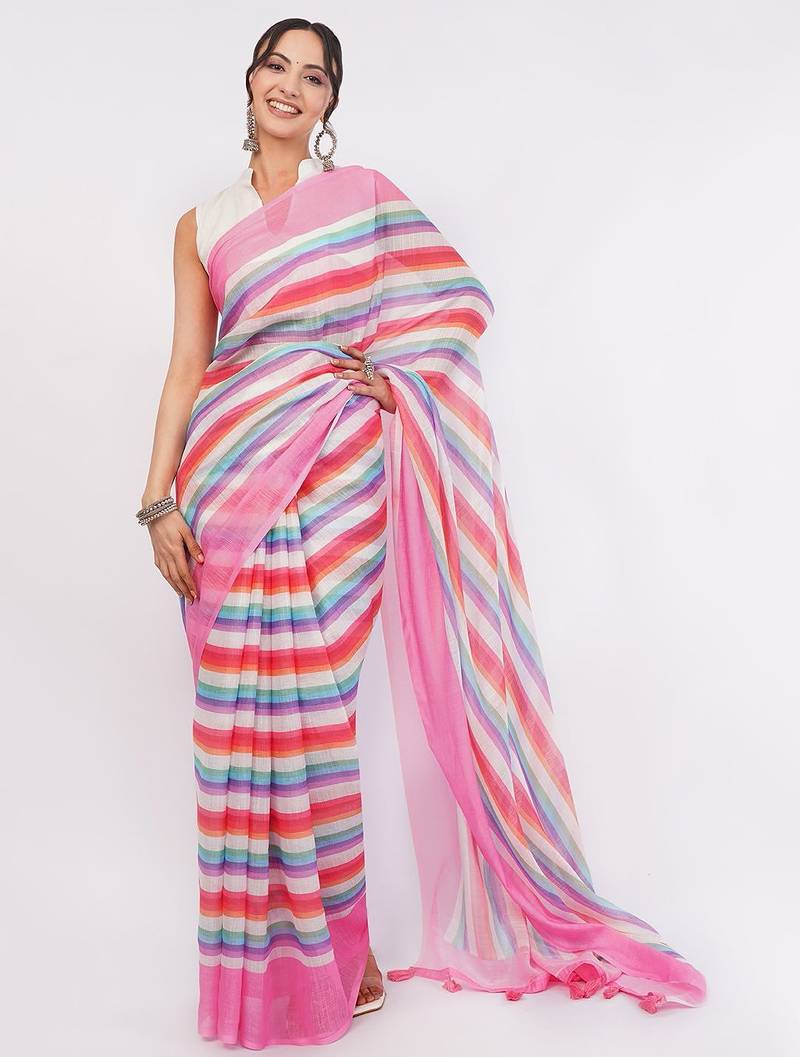 Multicolor pure linen striped saree with blouse