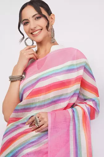 Multicolor pure linen striped saree with blouse