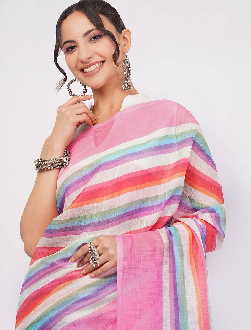 Multicolor pure linen striped saree with blouse