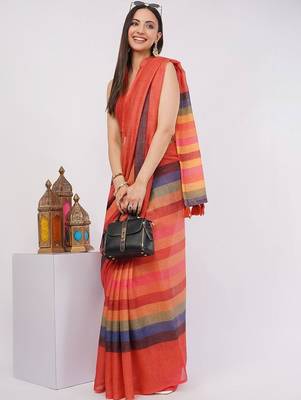 Red pure linen striped saree with blouse 1