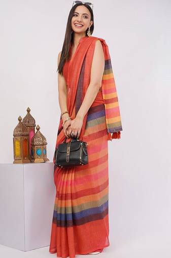 Red pure linen striped saree with blouse